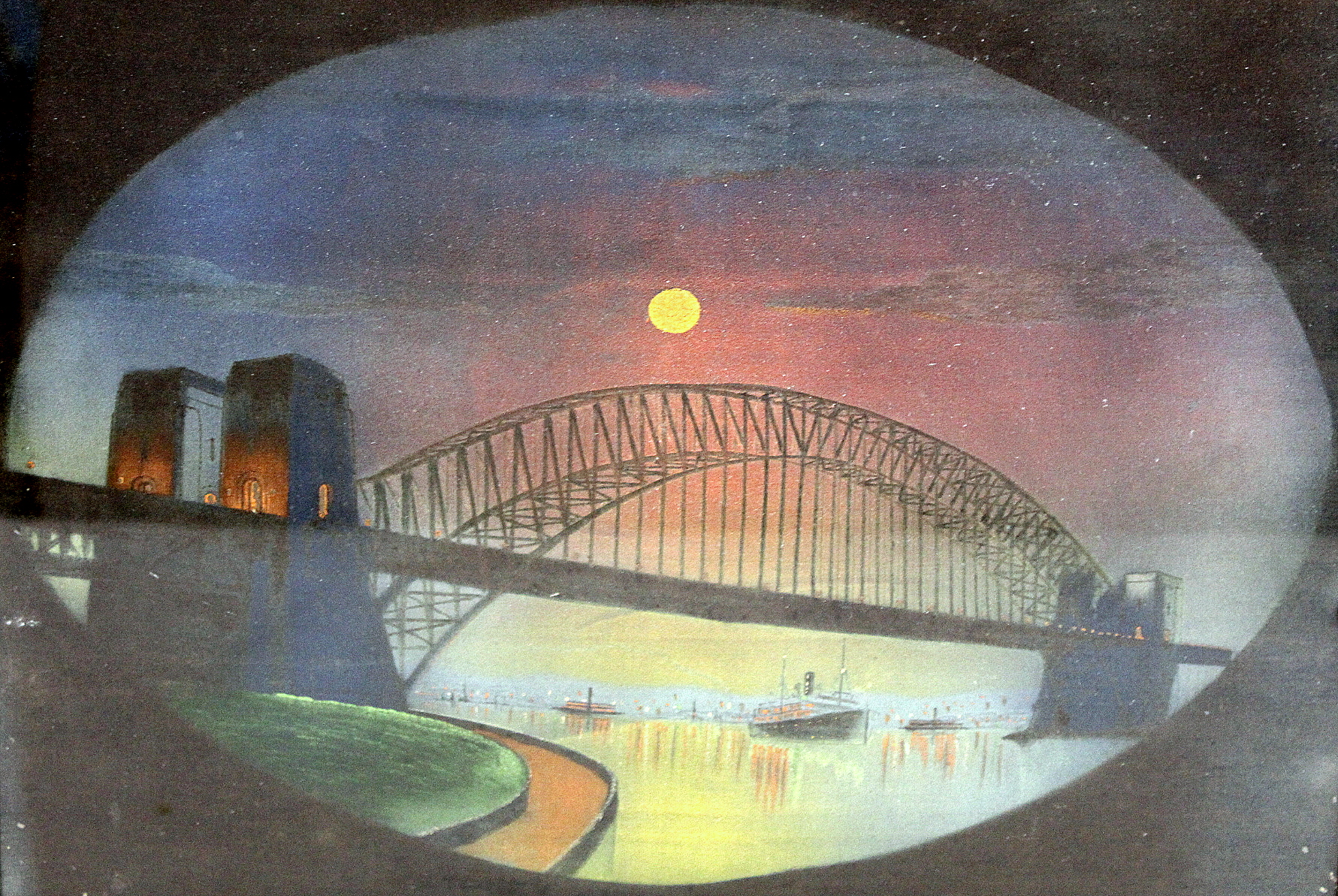 Early 20th century watercolour painting on velvet depicting Sydney Harbour Bridge at dusk, with - Image 2 of 4