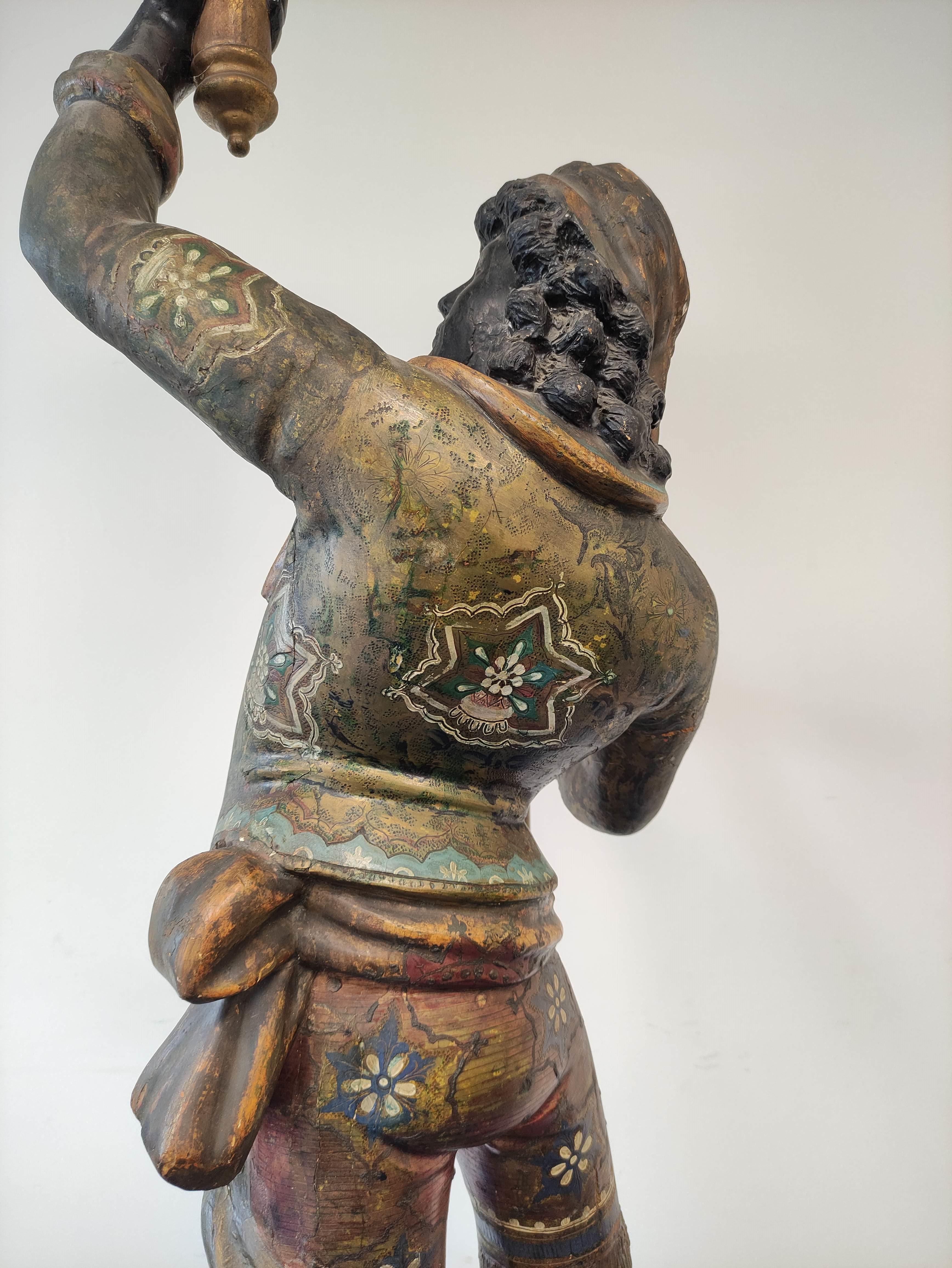 Italian Venetian polychromed gilt wood Blackamoor figure, modelled as a large figure standing on a - Image 7 of 8