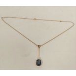 Edwardian pendant with almost rectangular sapphire, approx. 11mm x 9mm with two pearls, a knife edge