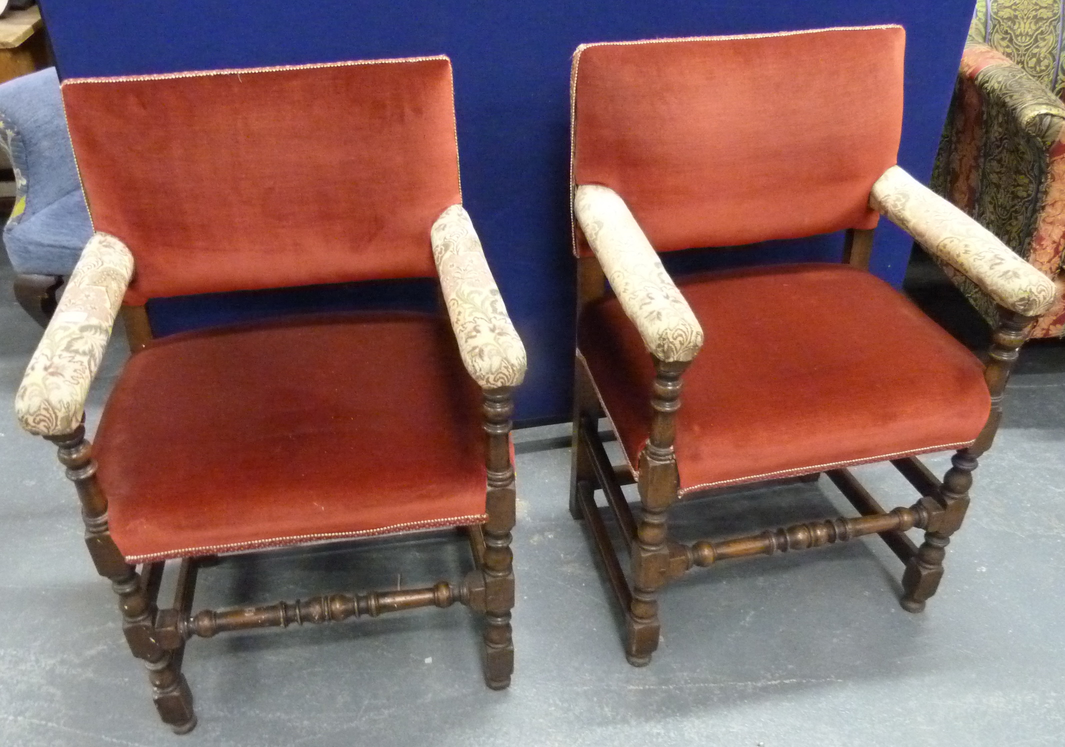 Set of six Cromwellian style dining chairs, square upholstered backs and seat on turned supports - Image 10 of 10