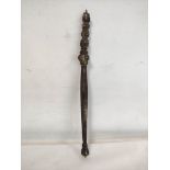 Oriental cast metal scepter or tip staff with crown finials, two moulded heads and applied bosses on