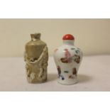 Two antique Chinese porcelain snuff bottles one of baluster form decorated with cockerels and capped