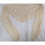 Victorian or Edwardian lace shawl or stole with floral and foliate decoration, the triangular back