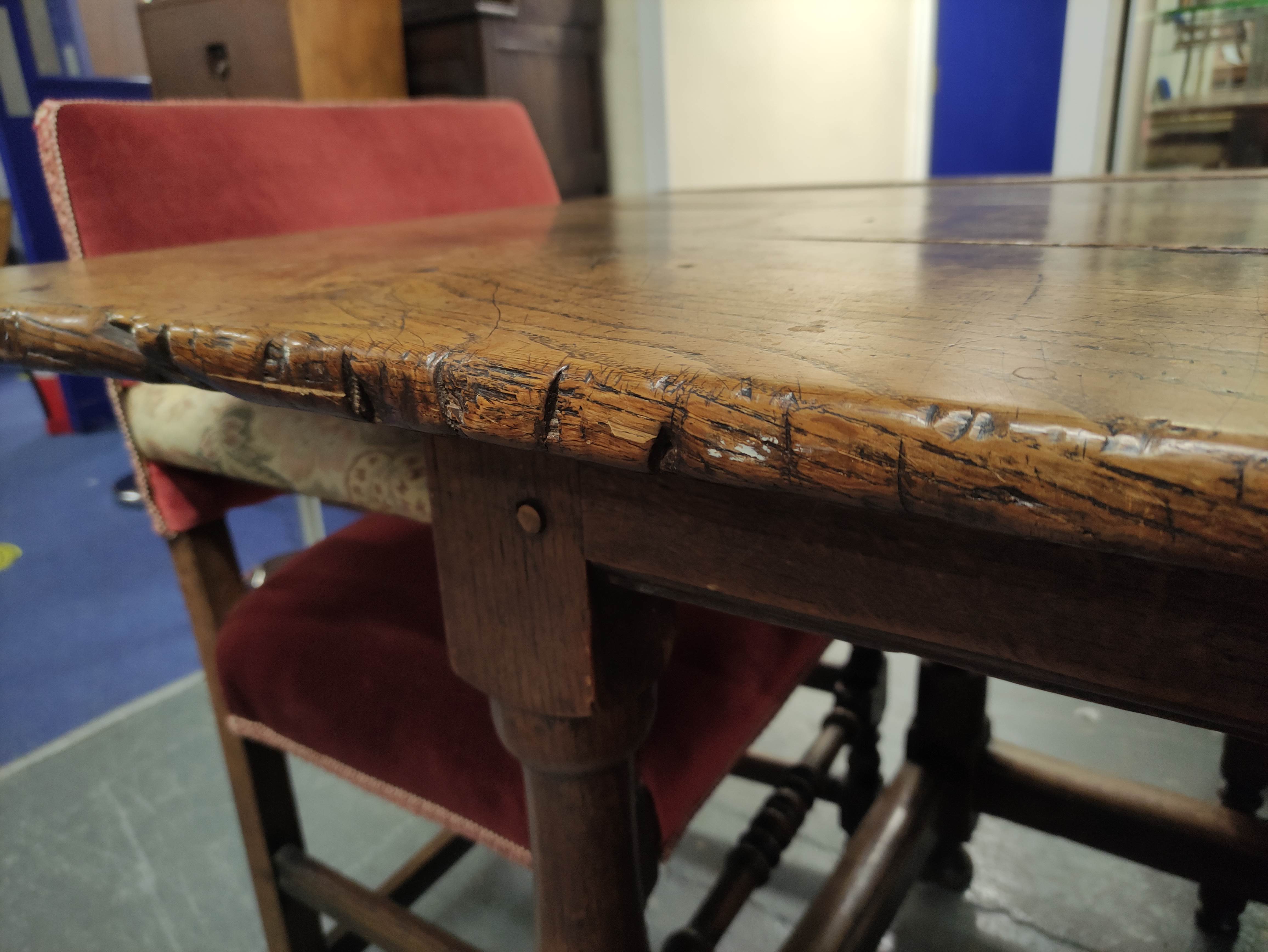 Antique oak and elm refractory dining table with cleated plank top on turned and block supports - Image 12 of 15