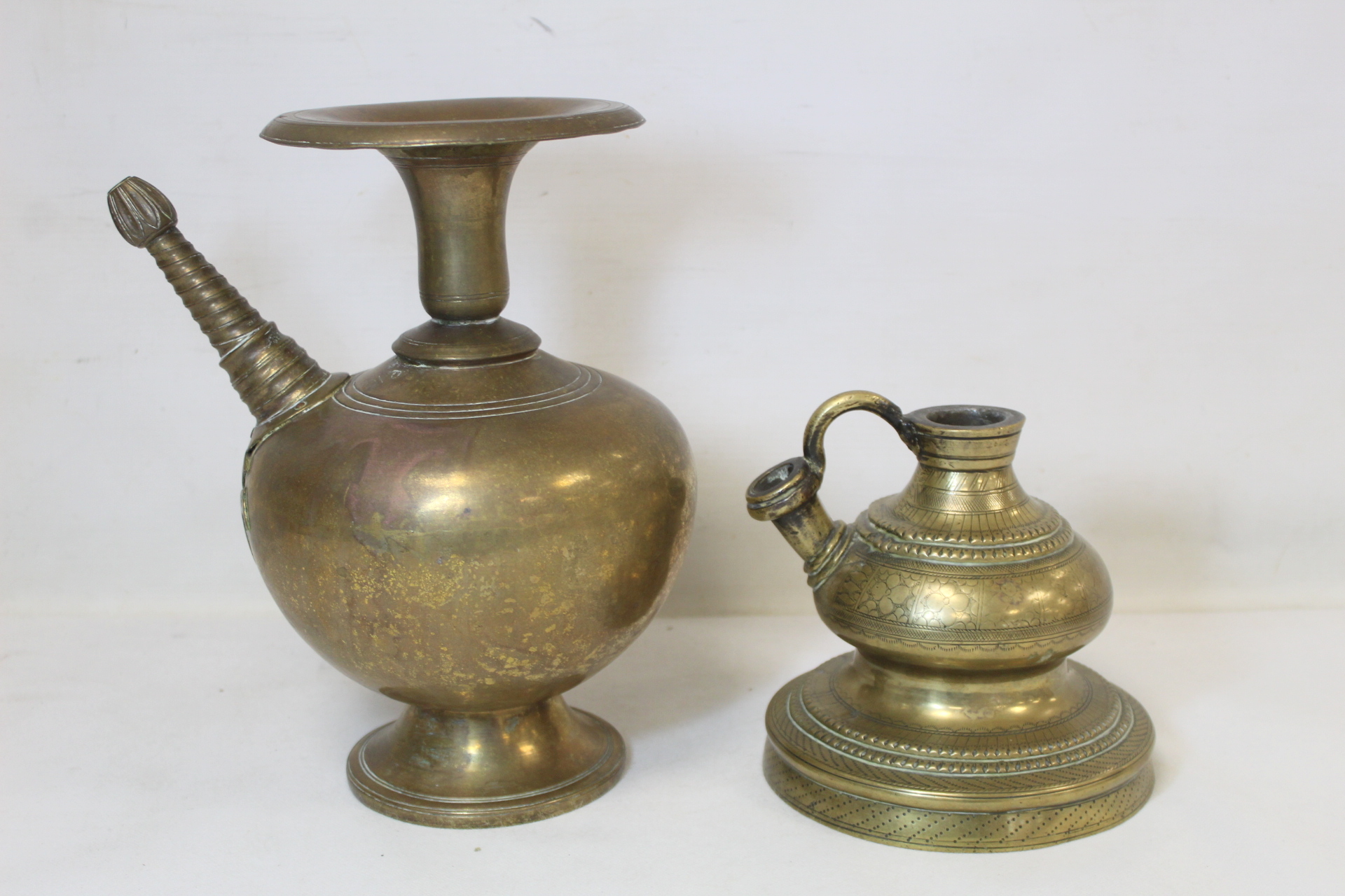 Two Eastern brass hookah bases, one of baluster form with flared rim, twisted conical spout with bud - Image 3 of 6