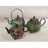 Three Chinese teapots to include one of green Peking glass with cloisonné banding and white metal