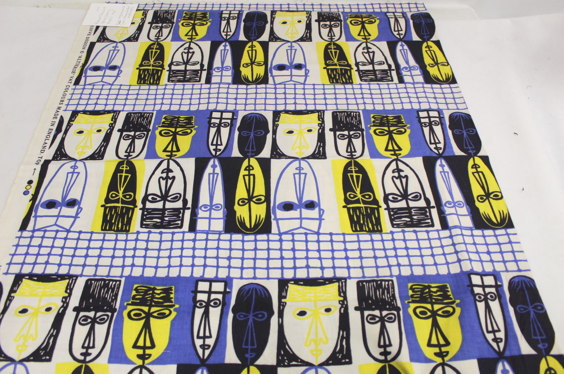 Rare Robert Stewart Young for Liberty "Masks" pattern cotton fabric remnant, designed 1951, in blue,