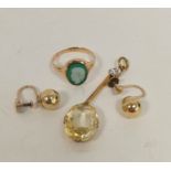 Gold pendant, probably yellow sapphire '9ct', a cameo ring and a pair of ball earrings.