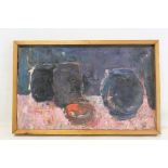 BOURNE (MID 20TH CENTURY BRITISH SCHOOL). Still life of vases. Textured oil on canvas laid on board.