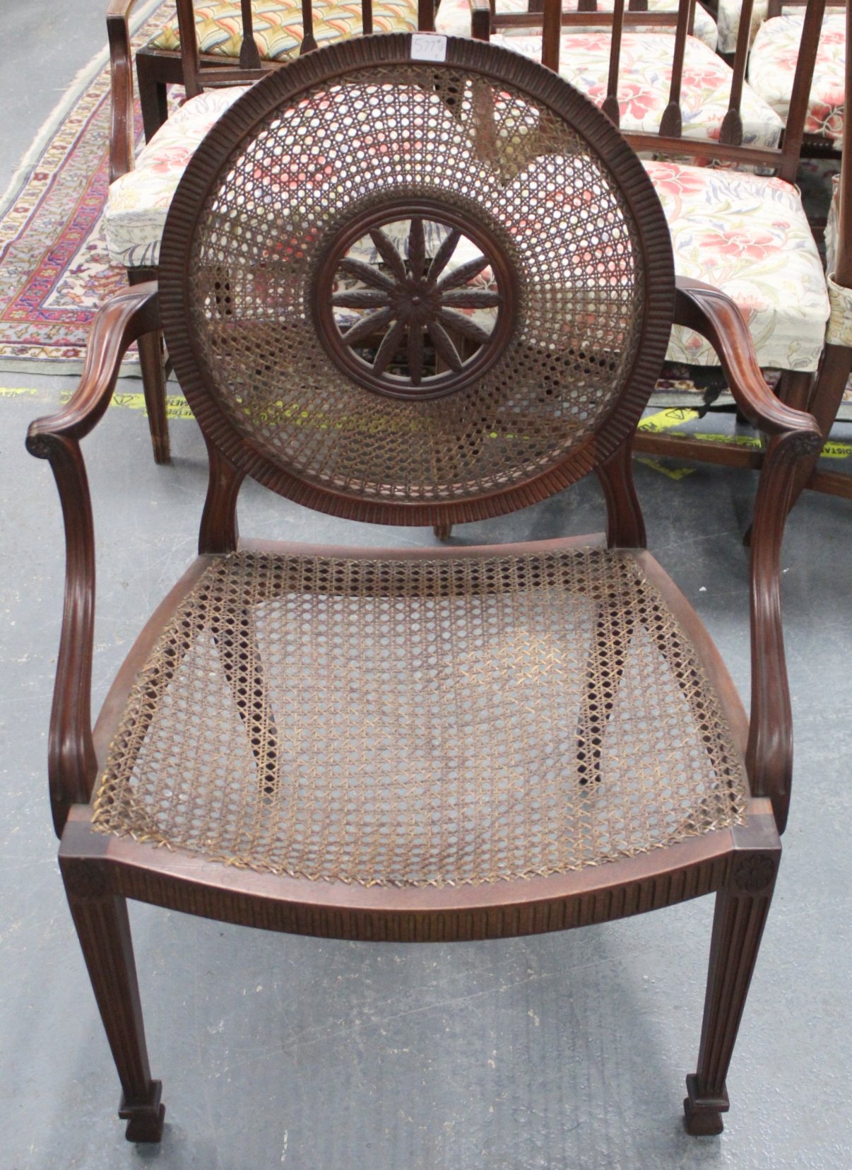 A pair of Sheraton revival mahogany open elbow chairs, the bergere caned circular backs with central - Image 11 of 20