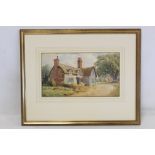 LATE 19TH/EARLY 20TH CENTURY ENGLISH SCHOOL. Thatched farmhouse. Watercolour. 19.5cm x 45cm.