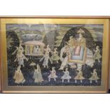 Large Indian watercolour on cotton depicting a courtly procession with palanquin and elephant,