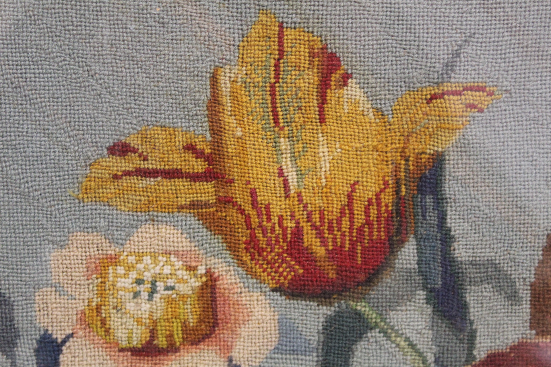 Victorian wool work tapestry picture of a vase of flowers, worked in polychrome, 60cm x 51cm, in - Image 3 of 5