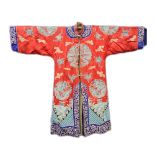 19th century Chinese embroidered red silk court dragon robe with mandarin collar and three knot