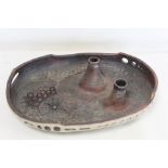 Studio pottery oval bowl or tray with raised pierced sides, incised and impressed decoration and two