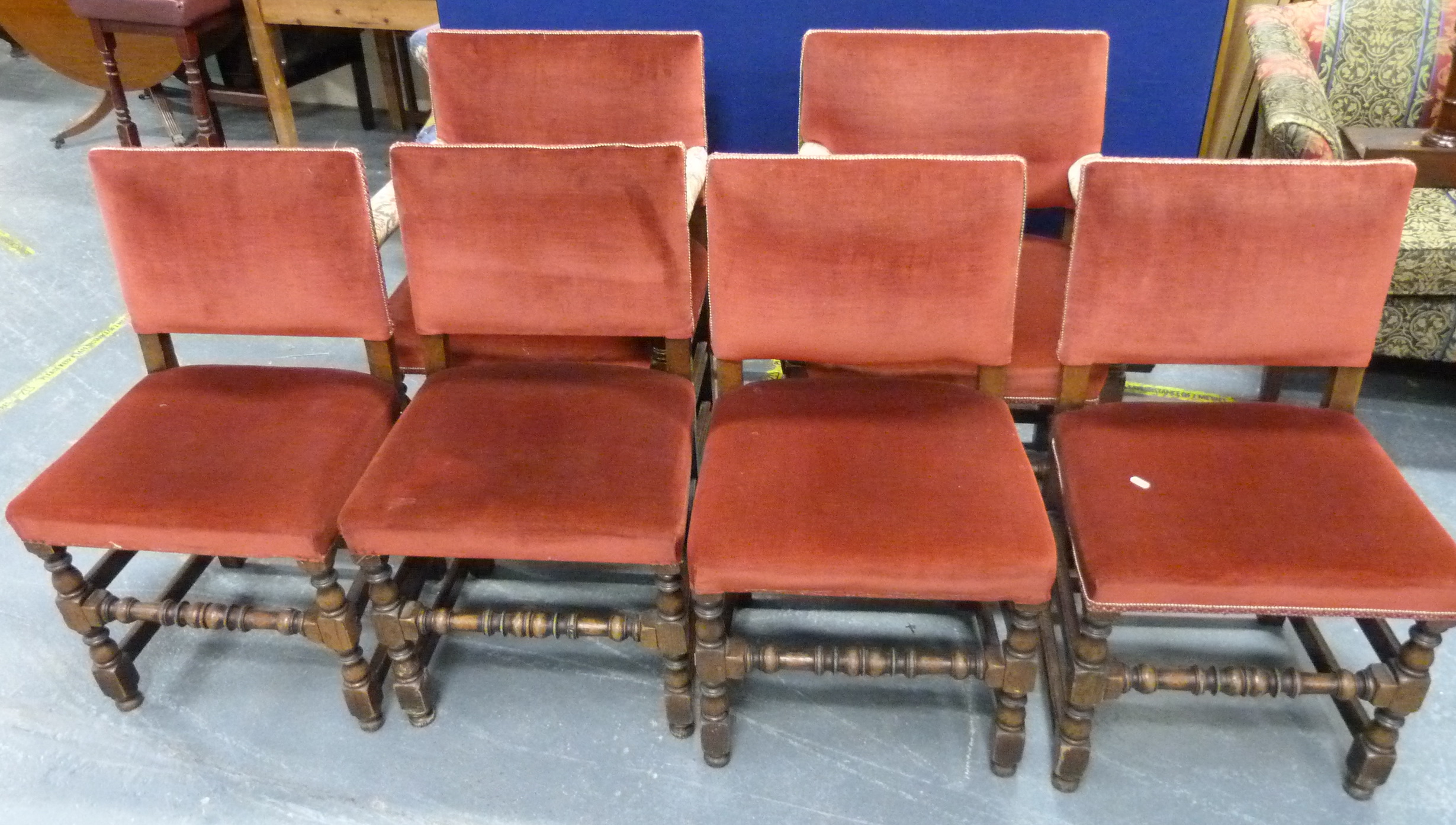 Set of six Cromwellian style dining chairs, square upholstered backs and seat on turned supports