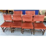 Set of six Cromwellian style dining chairs, square upholstered backs and seat on turned supports