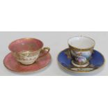 Royal Worcester cabinet cup and saucer with polychrome painted floral panels surrounded by pink