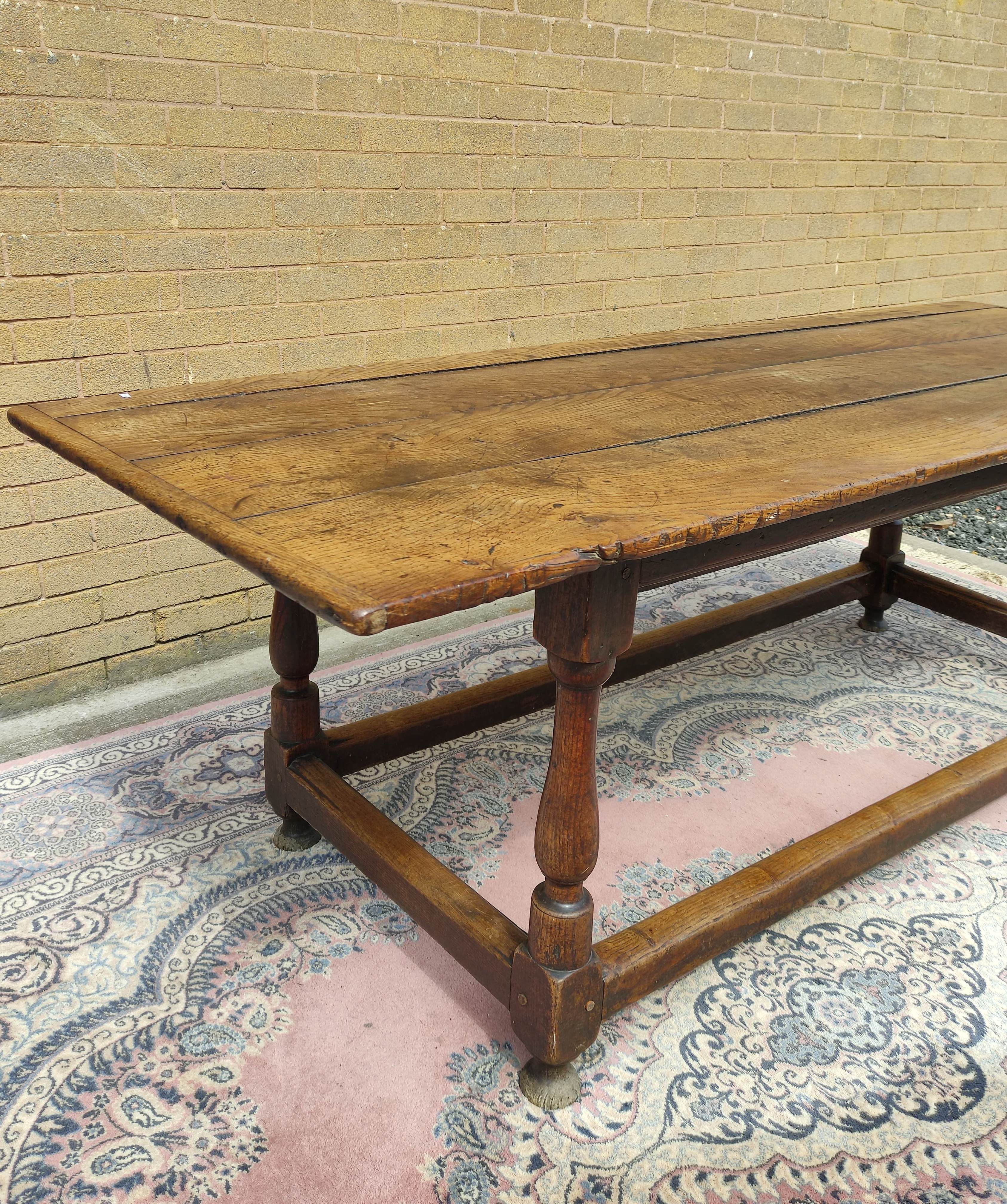 Antique oak and elm refractory dining table with cleated plank top on turned and block supports - Image 3 of 15