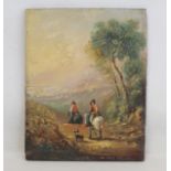 19TH CENTURY SCHOOL. Figures on horseback on a country road. Oil on panel. 21cm x 17cm. Inscribed "