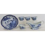 Six pieces of 18th/19th century Chinese blue and white porcelain, comprising: sauce boat decorated