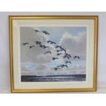 Canada Geese landing in a lake, a modern colour print after an original by Peter Scott, 1980, artist