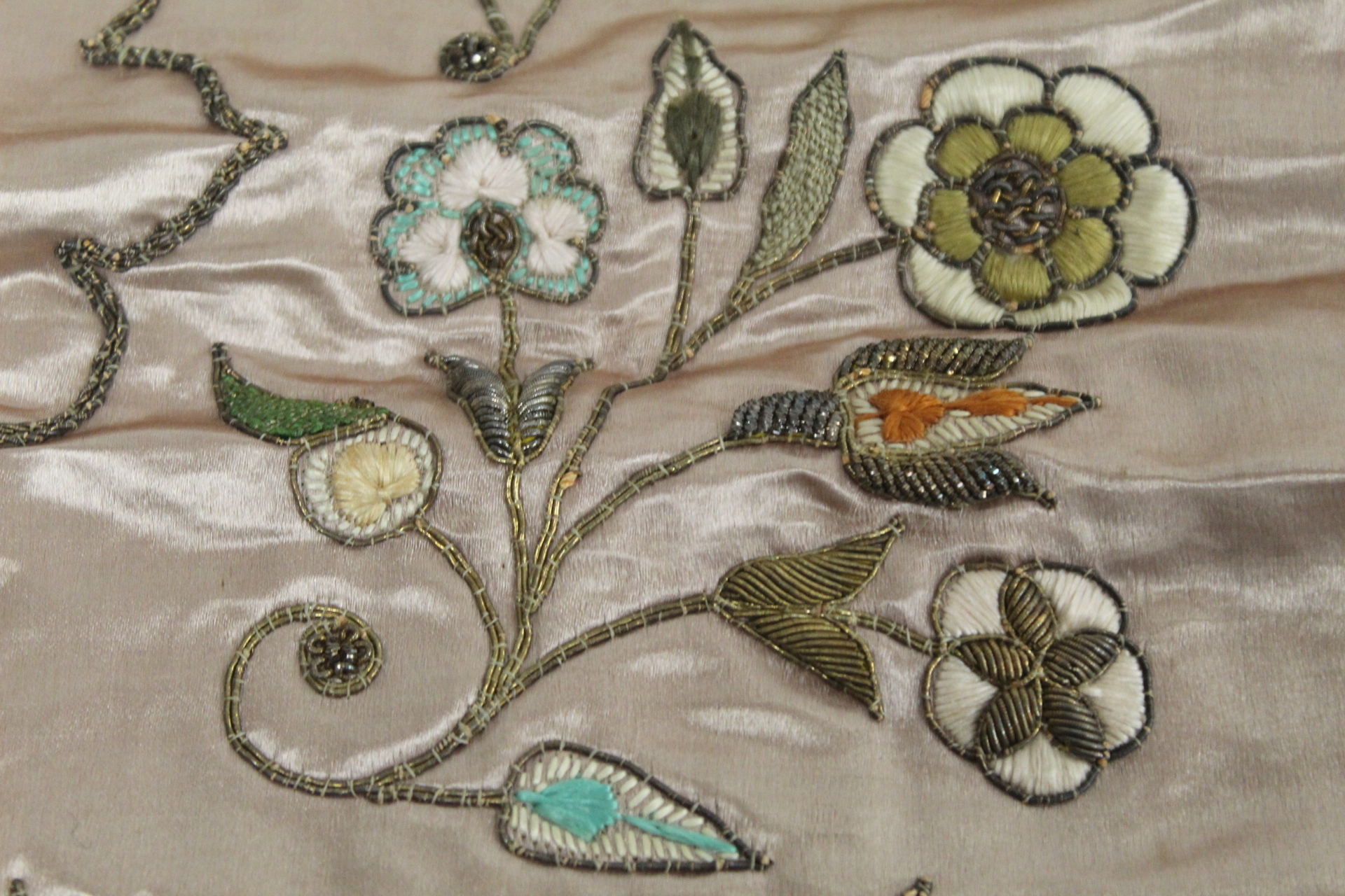 19th or early 20th century Persian embroidered silk panel, the pale pink ground with central panel - Image 9 of 9