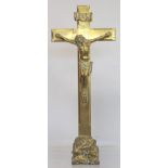 19th or early 20th century brass altar cross with figure of Christ and naturalistic rocky plinth