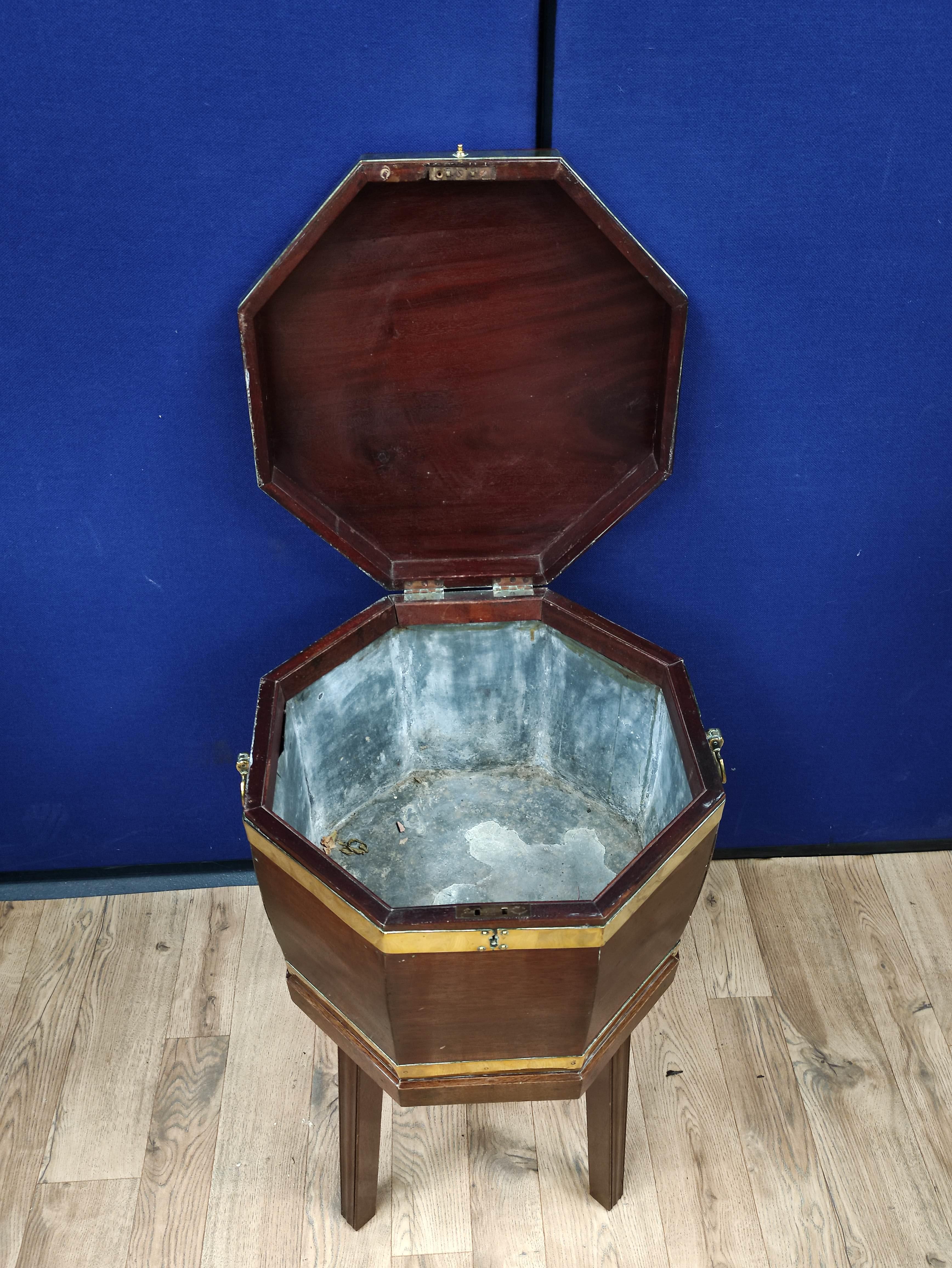 Regency mahogany and brass bound wine cooler circa early 19th century, of octagonal form, lead lined - Image 2 of 7