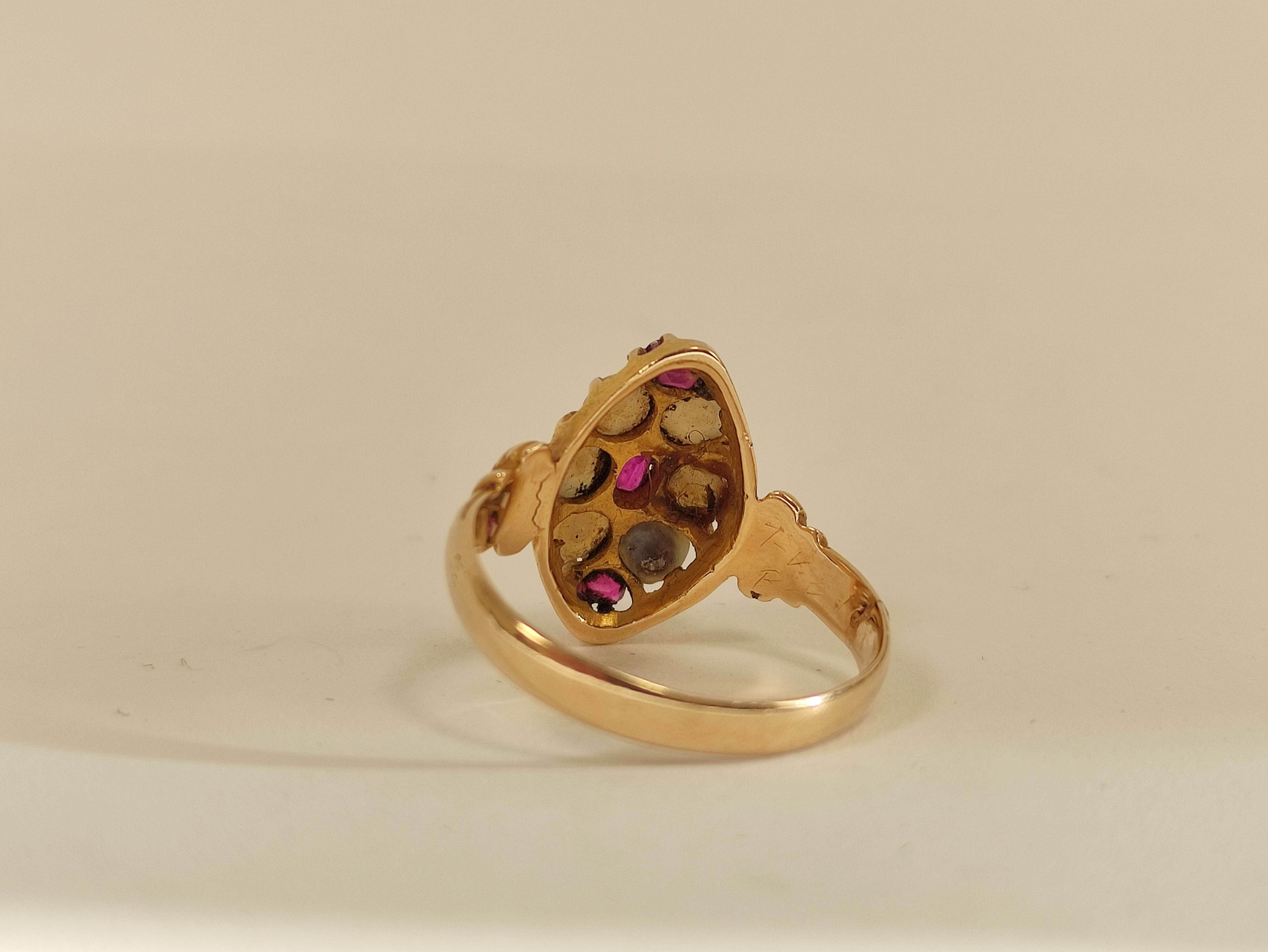 Victorian finger ring with rubies and pearls in 15ct gold, Registration Mark c1870. Size 'J½'. - Image 4 of 5