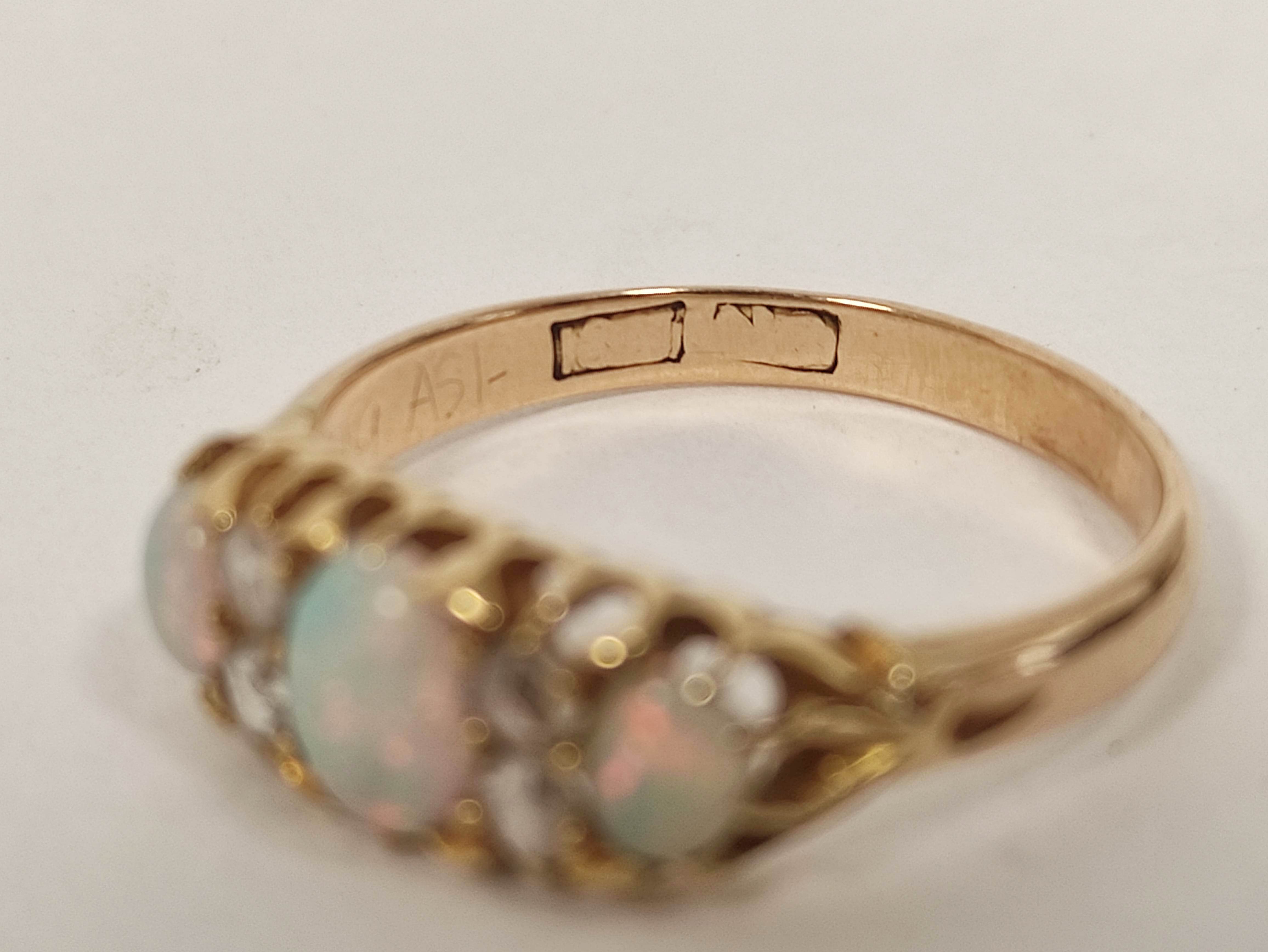 Gold ring with three opals and diamond points, probably 9ct. Size 'M'. - Image 4 of 4