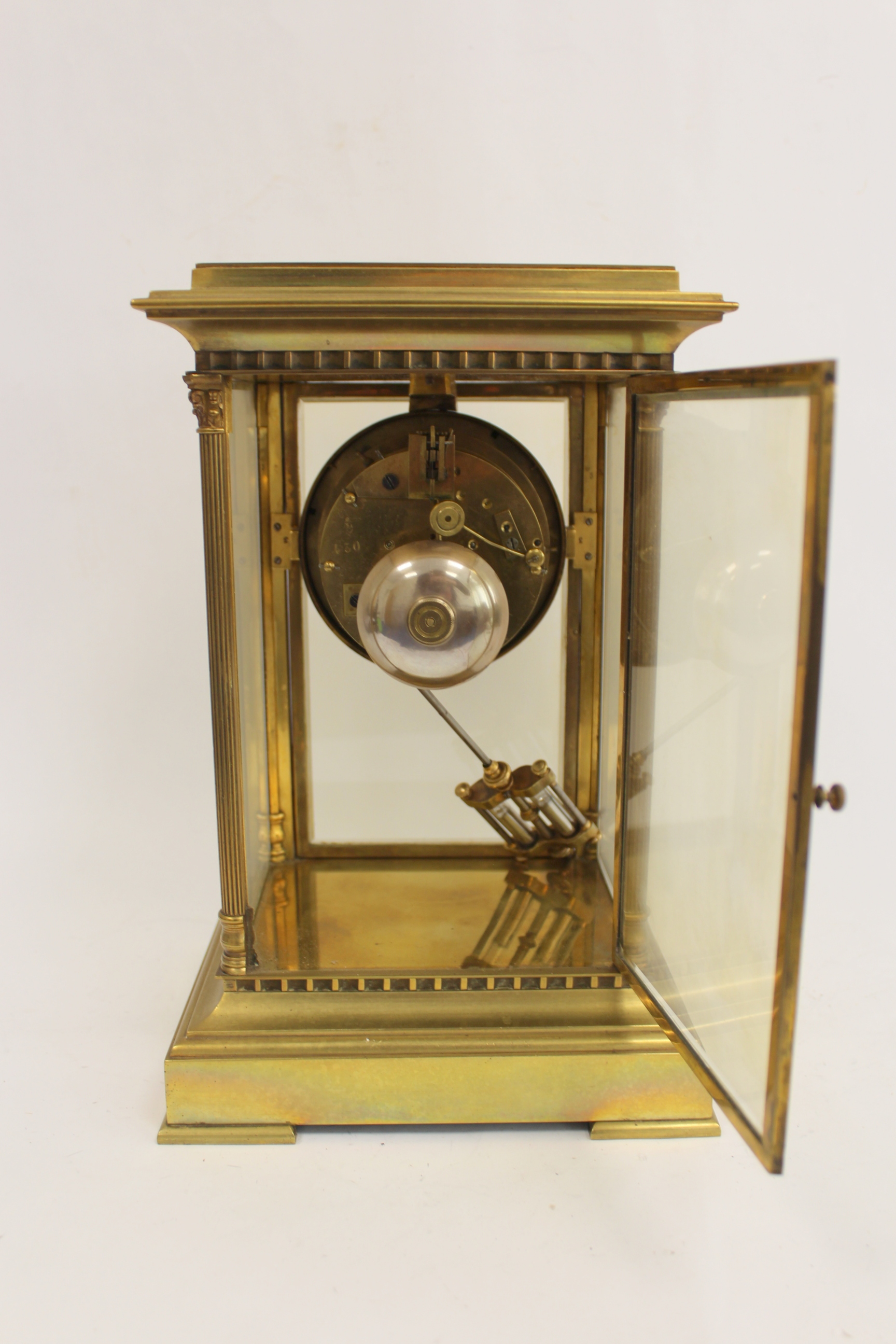 French mantel clock of 'four glass' style with visible escapement, 'mercury' pendulum and fluted - Image 4 of 5