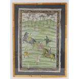 Indian watercolour painting on silk depicting a tiger hunt with quarry surrounded by figures on foot