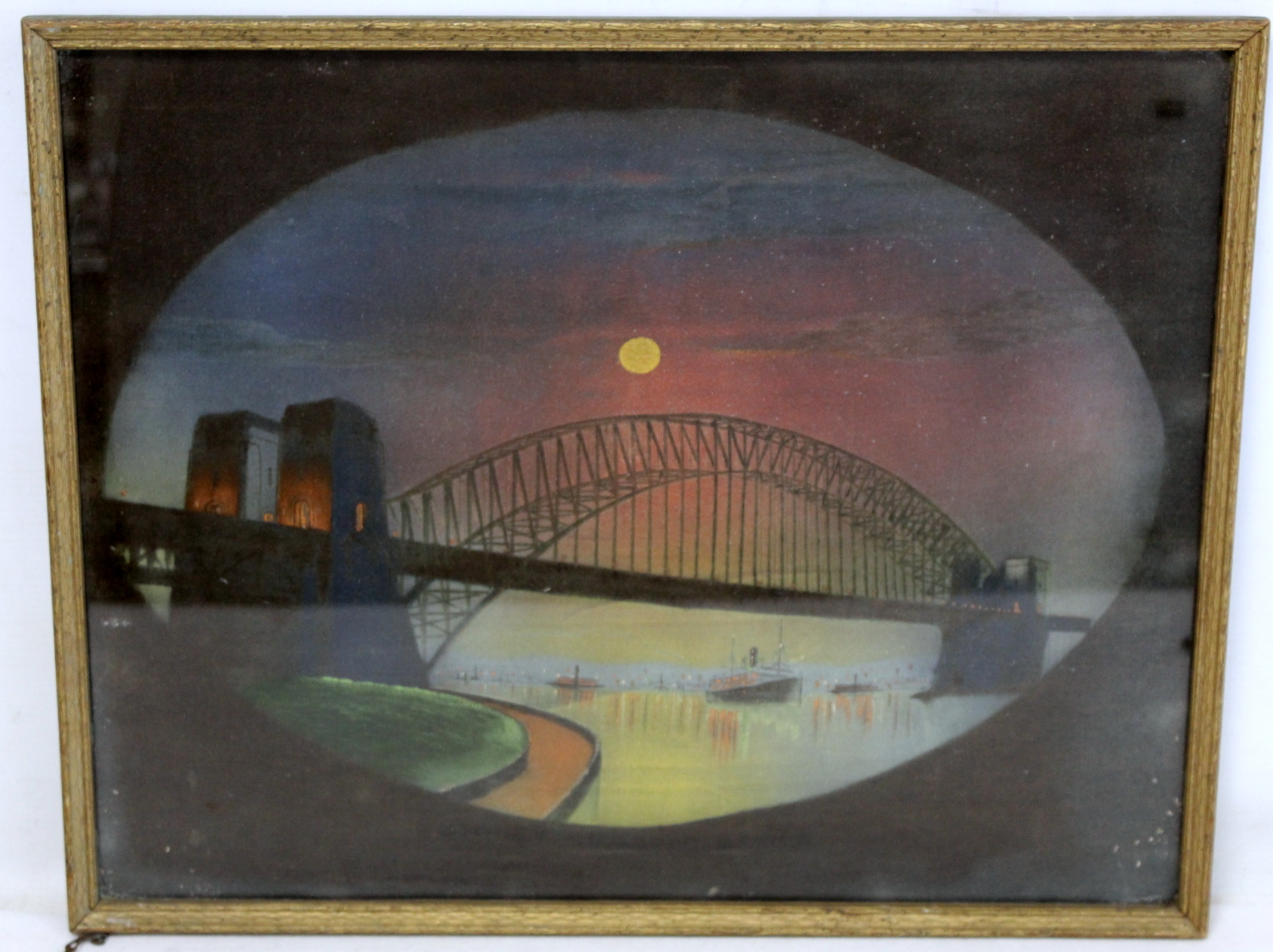 Early 20th century watercolour painting on velvet depicting Sydney Harbour Bridge at dusk, with