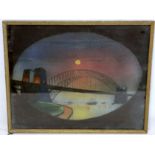 Early 20th century watercolour painting on velvet depicting Sydney Harbour Bridge at dusk, with