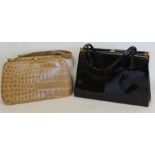 Vintage Riviera pale alligator skin lady's handbag, 29cm long and another, black patent by