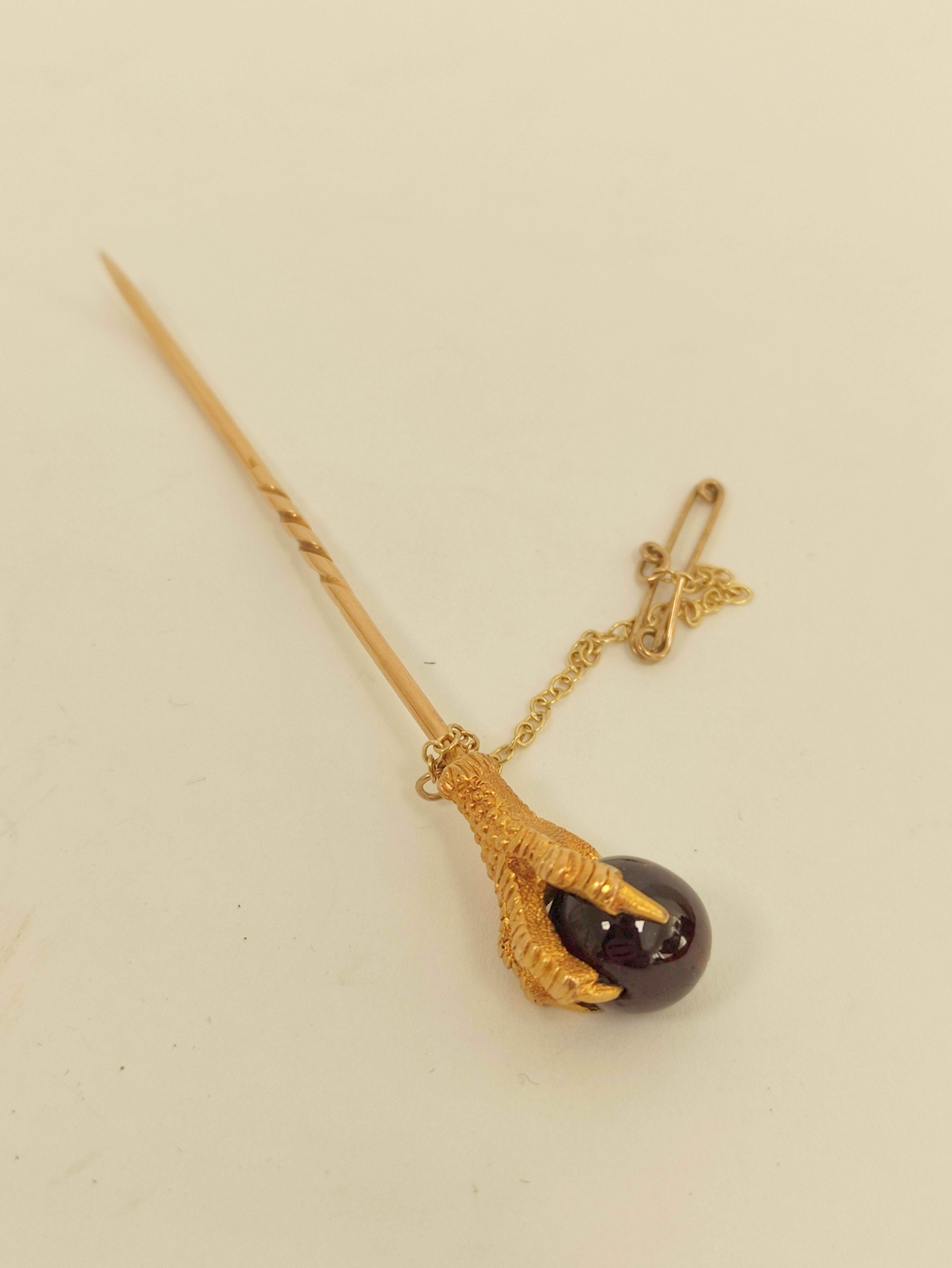 Victorian gold scarf pin with birds claw grasping a garnet bead and a 9ct gold ring with porcelain - Image 6 of 6