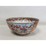 18th century Chinese export punch bowl in the famille rose palette with panels of figures on