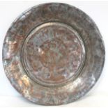 19th century large Eastern tinned copper circular charger with incised central flowerhead star