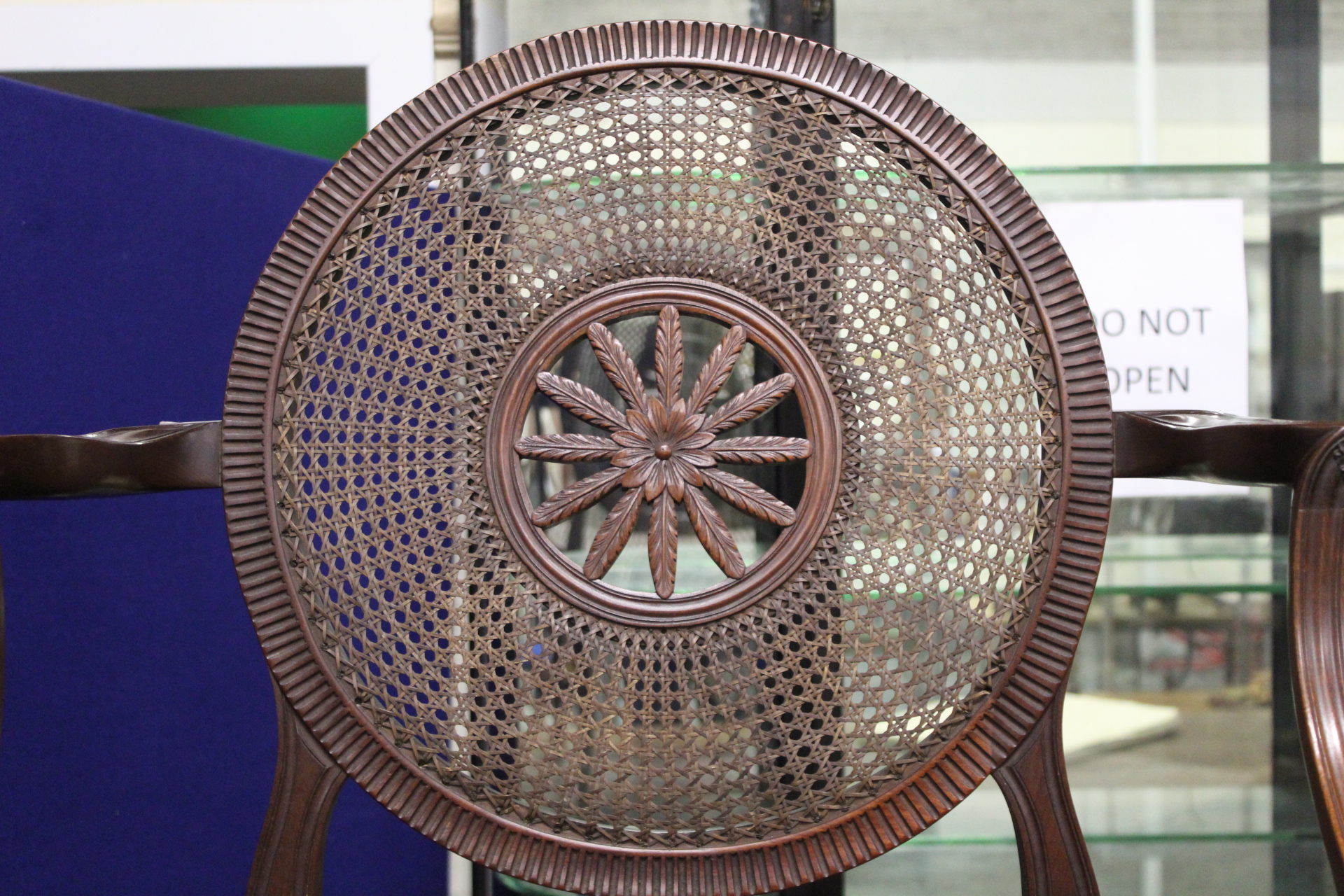 A pair of Sheraton revival mahogany open elbow chairs, the bergere caned circular backs with central - Image 18 of 20