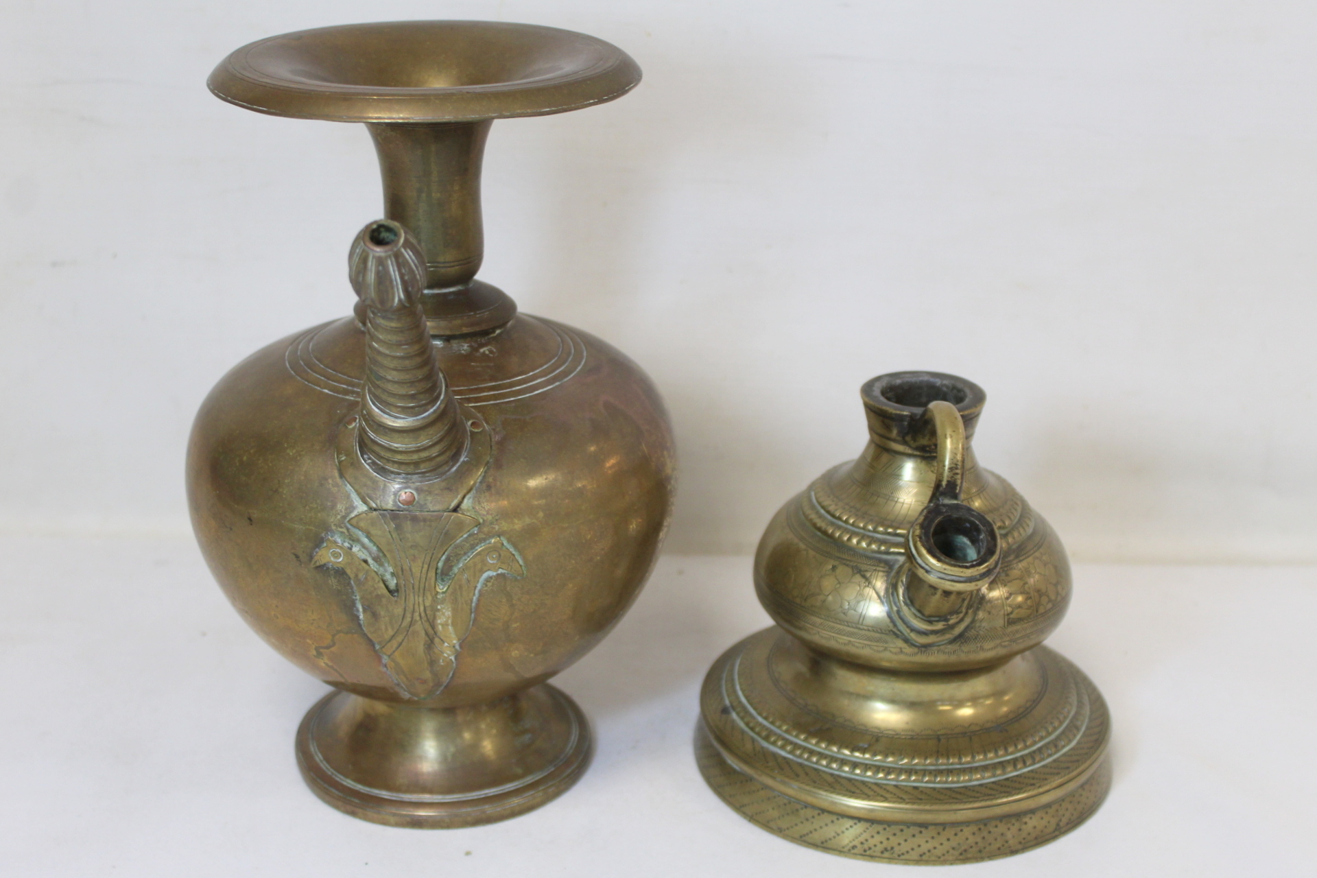 Two Eastern brass hookah bases, one of baluster form with flared rim, twisted conical spout with bud - Image 2 of 6