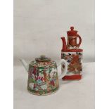 Two antique oriental teapots to include a Chinese Famille Rose pot decorated with a garden scene