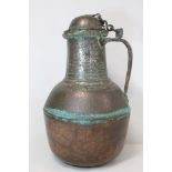 19th century large Middle Eastern or North African tinned beaten copper ewer of baluster form with