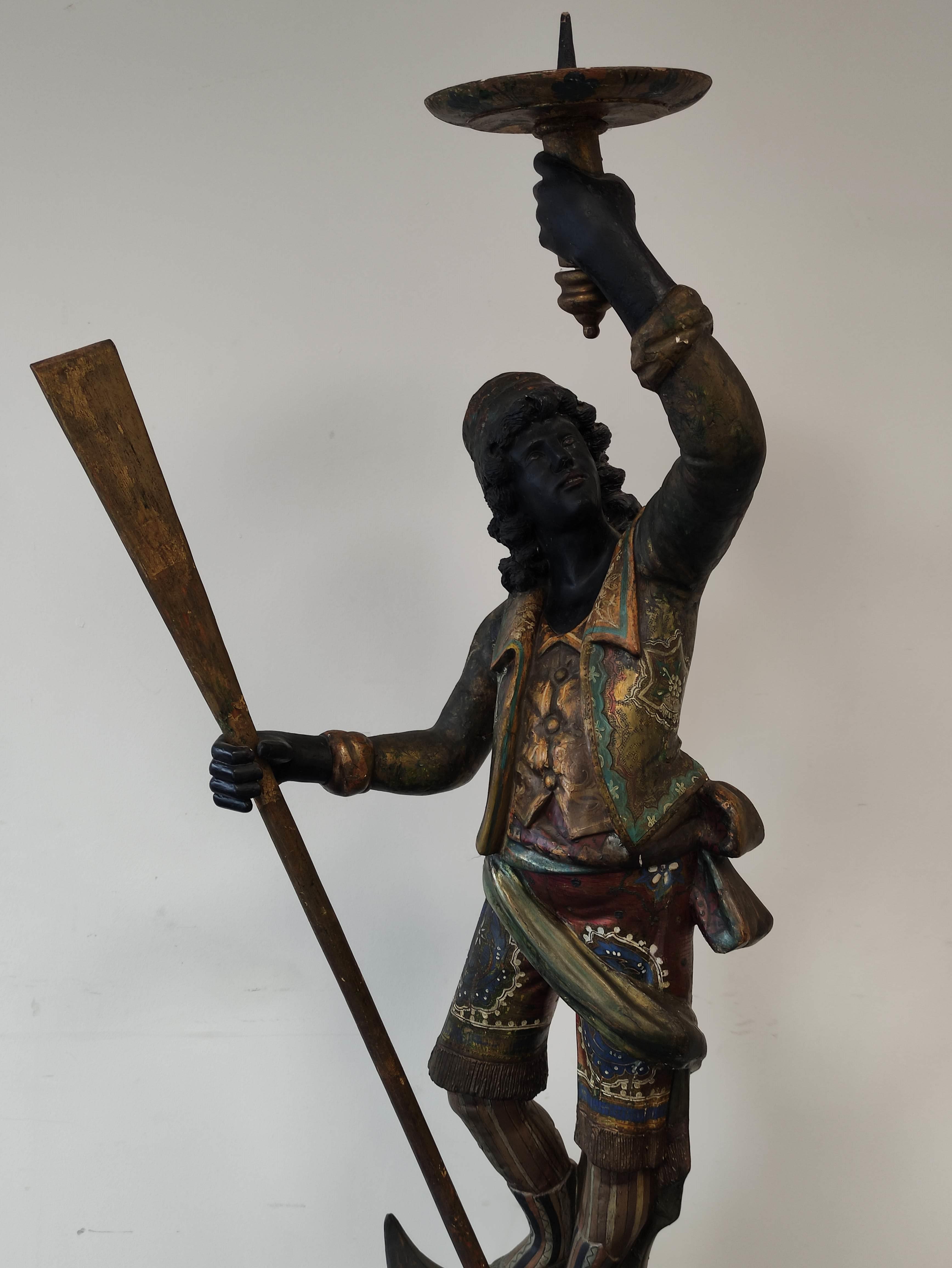 Italian Venetian polychromed gilt wood Blackamoor figure, modelled as a large figure standing on a - Image 2 of 8
