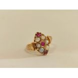 Victorian finger ring with rubies and pearls in 15ct gold, Registration Mark c1870. Size 'J½'.