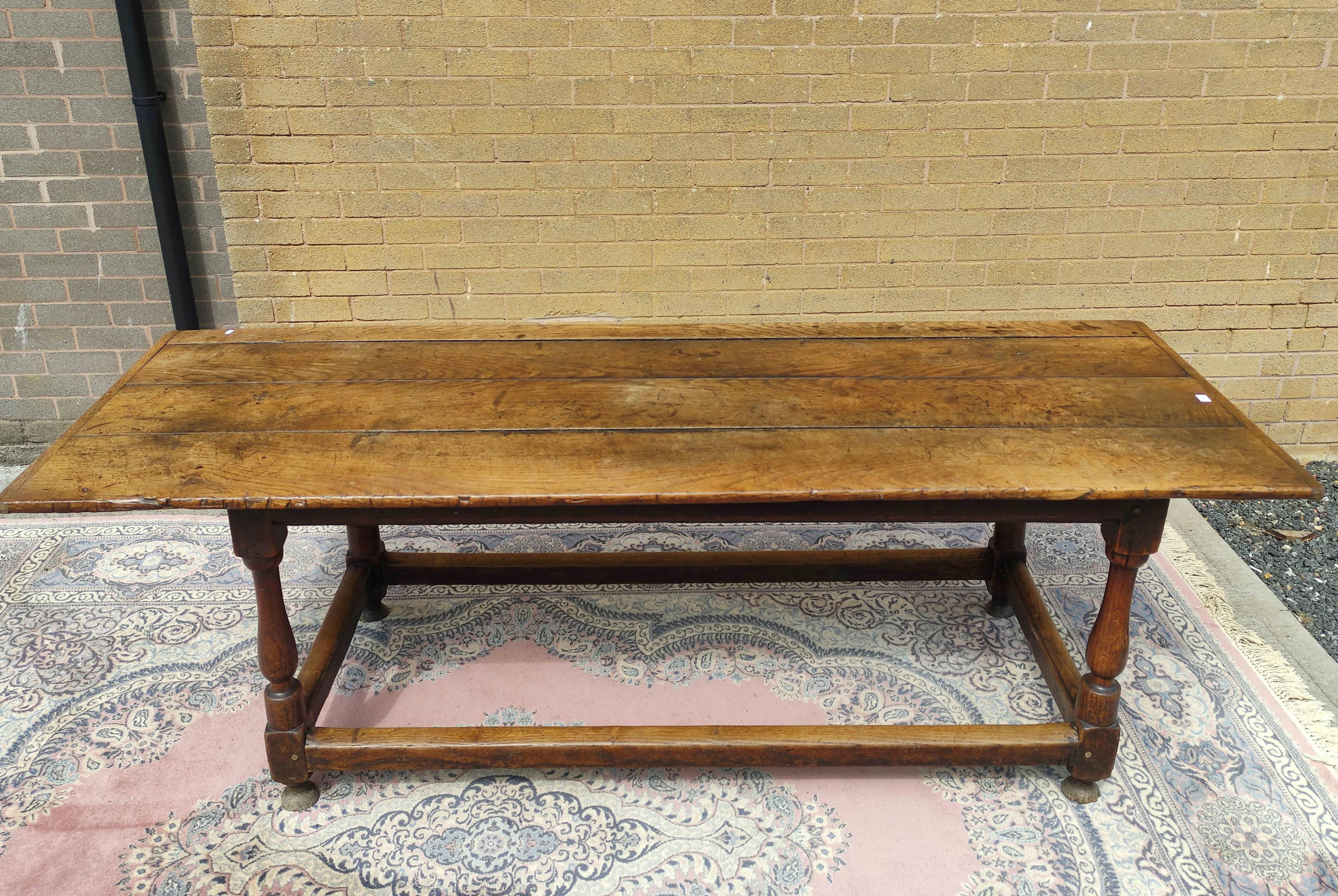 Antique oak and elm refractory dining table with cleated plank top on turned and block supports - Image 2 of 15