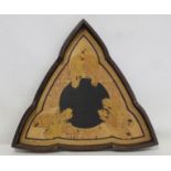 Arts & Crafts pokerwork tray of lobed triangular form decorated with parrots or lovebirds and