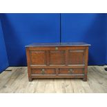 Oak coffer circa 18th century, with a hinged top above two small drawers. 73cm high, 123cm wide