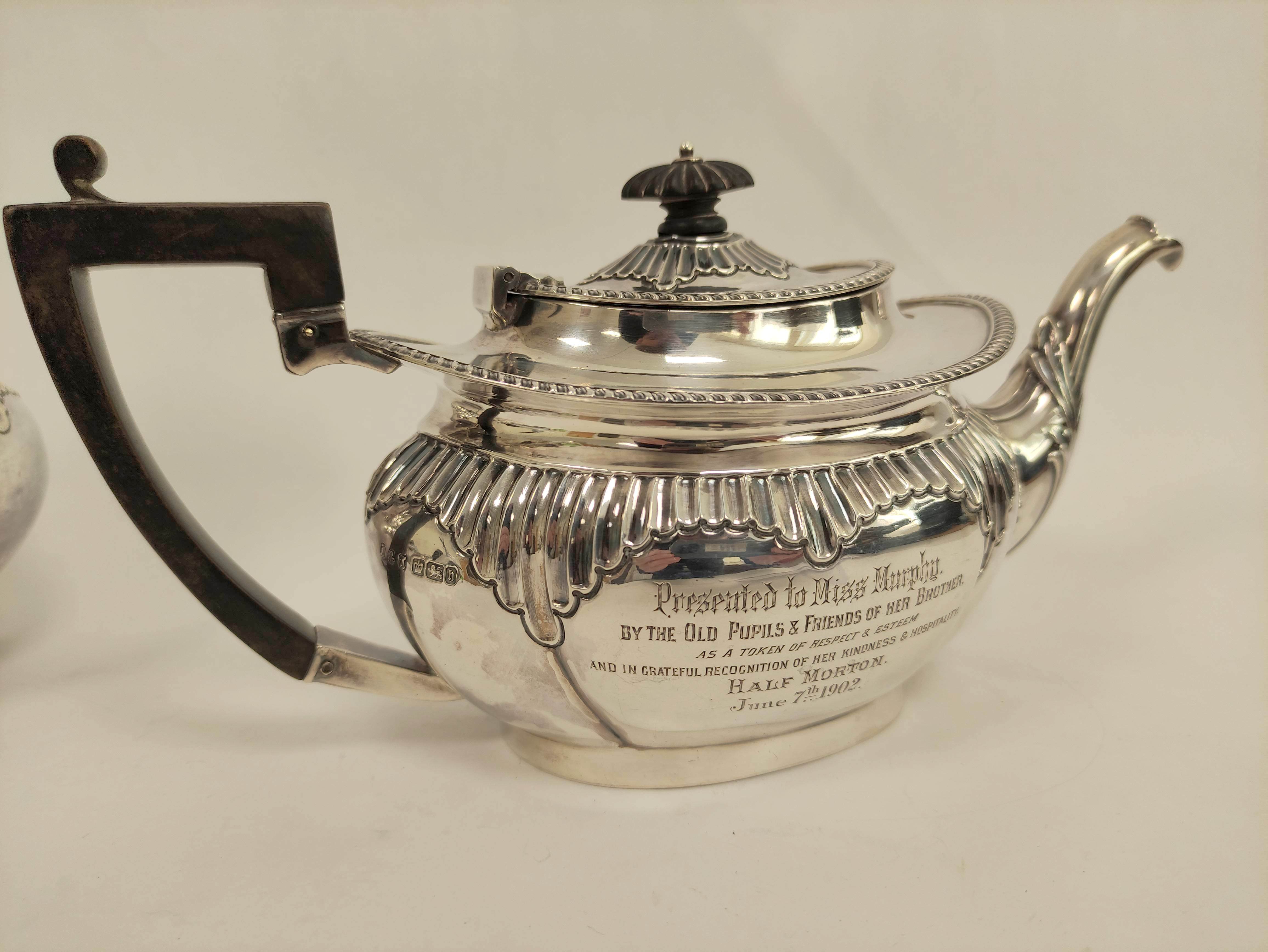 Silver four-piece tea set, oval part fluted, inscribed 'Half Morton 1902', Sheffield 1901. 1464g/ - Image 2 of 9