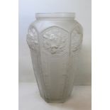 French Etling moulded frosted glass vase of hexagonal baluster form with flowerhead panels,